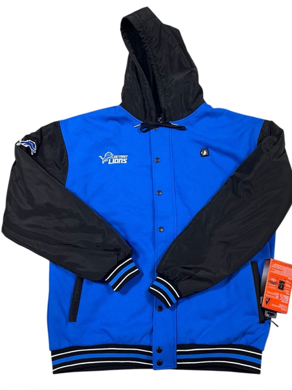 ActionHeat Blue/Black NFL Detroit Lions 5V Battery Heated Varsity Jacket XL NWT
